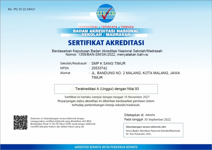 Akreditasi SMPK Sang Timur 2022